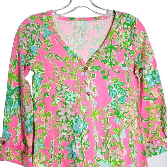 Lilly Pulitzer Palmetto T Shirt Dress XS Bright Flamingo Pink V Neck Floral $98 - Picture 2 of 6